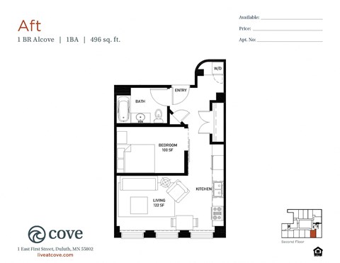 Floor plan for 1 bed, 1 bath, 496 sqft